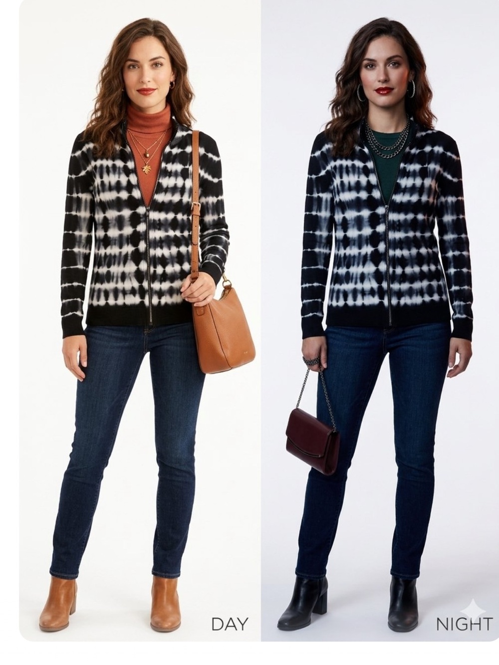 Belldini Black & White Horizontal Tie-Dye Zip Front Cardigan Mock Neck